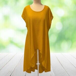 Vtg CHA CHA VENTE Lagenlook Hi Low Tunic Top Mustard Textured Scoop Neck Plus 1X